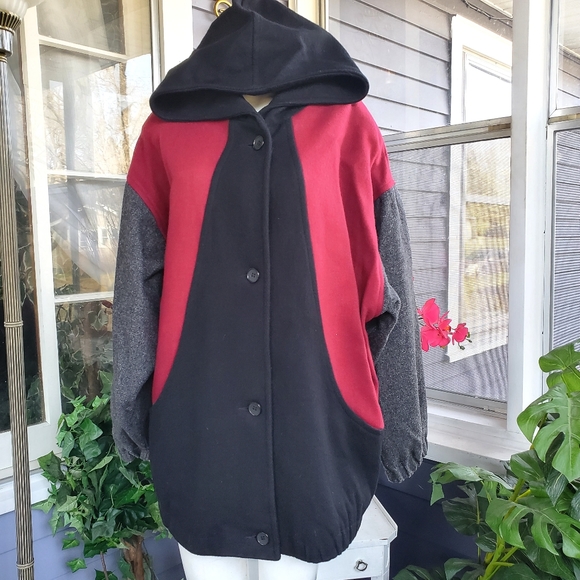 Vintage Leslie Fay Wool Blend Black Gray Maroon Hooded Boho Bomber Jacket XL - Picture 13 of 14